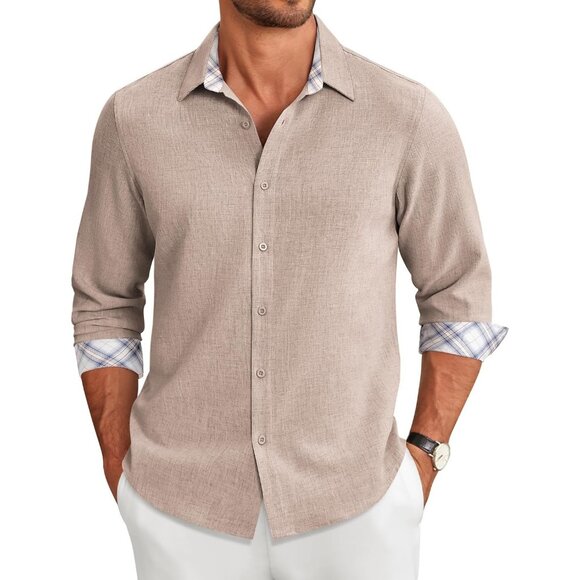 Coofandy Men Khaki Long Sleeve Button Down Untucked Regular Fit Dress Shirt - Picture 1 of 7